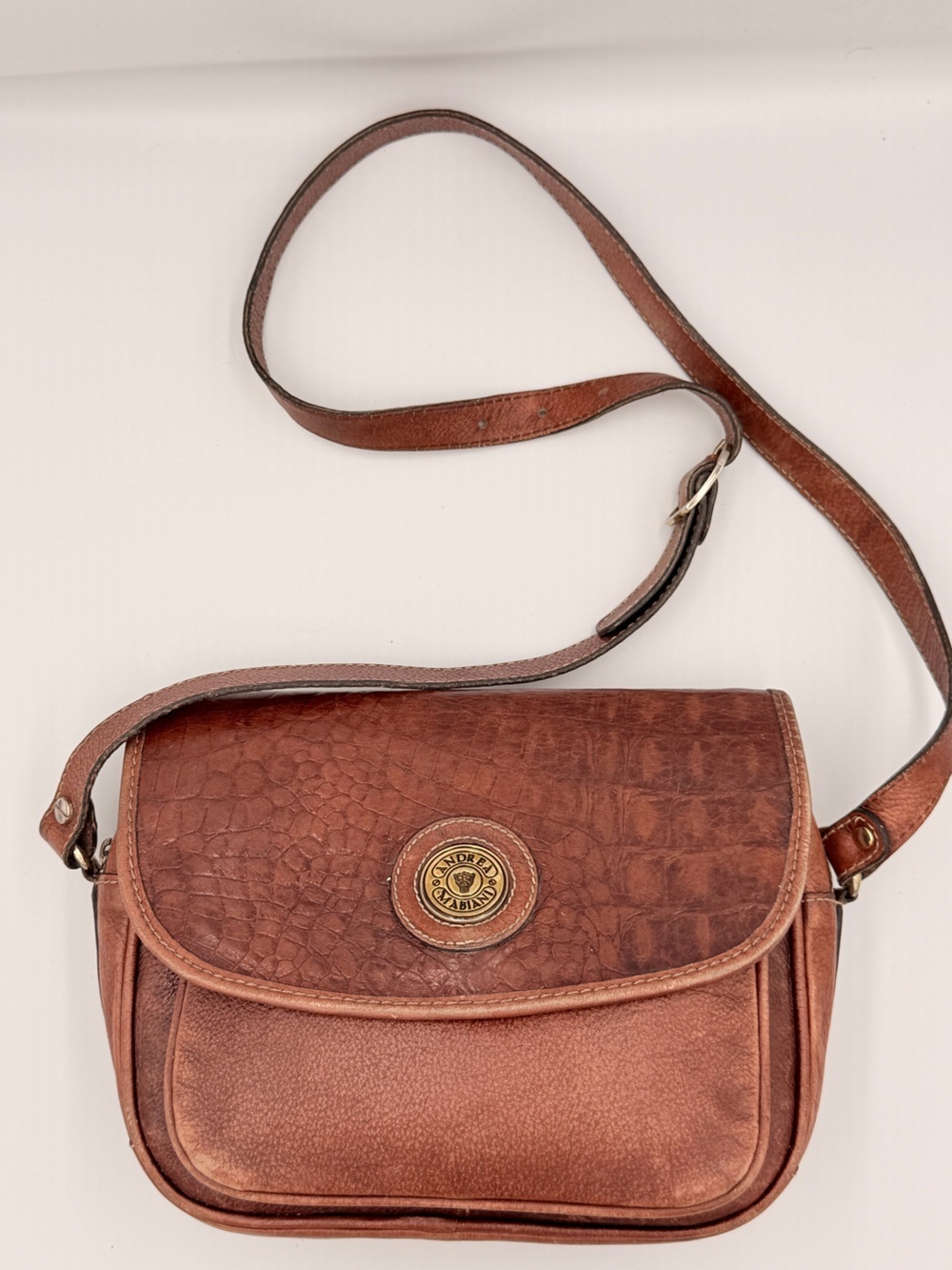 Andrea Mabiani Vintage Leather Brown Lizard Front Flap Boho Classic  Retro Bag